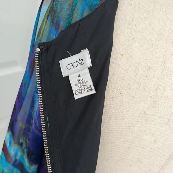 Cache 100% silk cocktail sheath mini dress Sz 4 blue, black, green - Picture 9 of 11